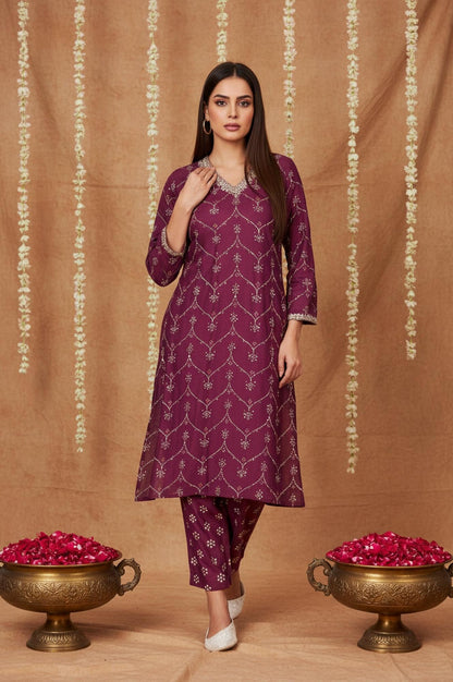 Purple Bandhani Printed Embroidered Straight Rayon Kurta and Straight Pant Co-ord Set