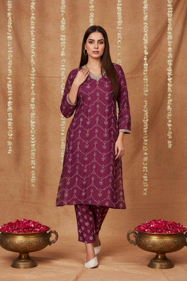 Purple Bandhani Printed Embroidered Straight Rayon Kurta and Straight Pant Co-ord Set
