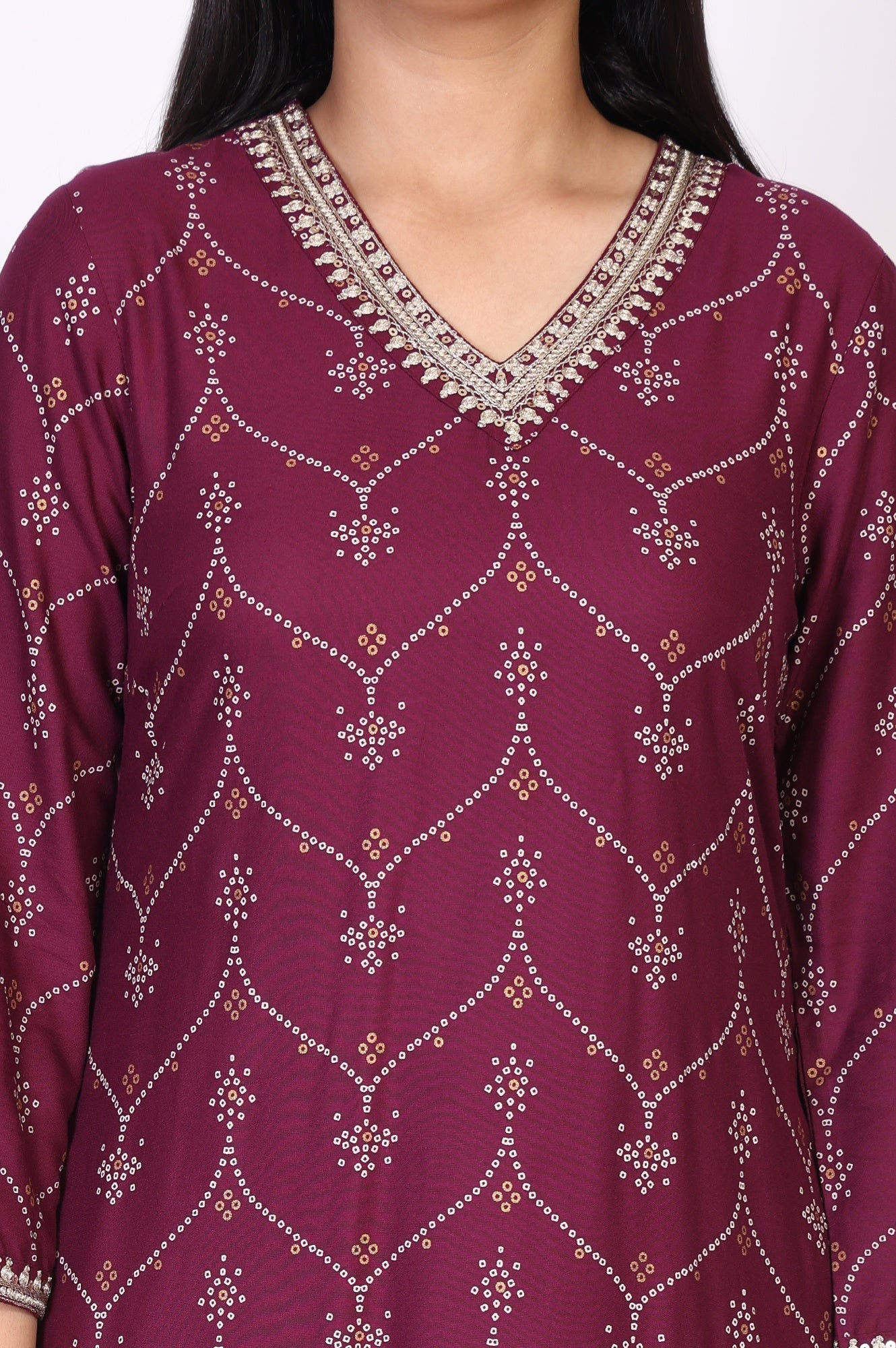 Purple Bandhani Printed Embroidered Straight Rayon Kurta and Straight Pant Co-ord Set