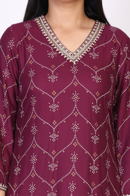 Purple Bandhani Printed Embroidered Straight Rayon Kurta and Straight Pant Co-ord Set
