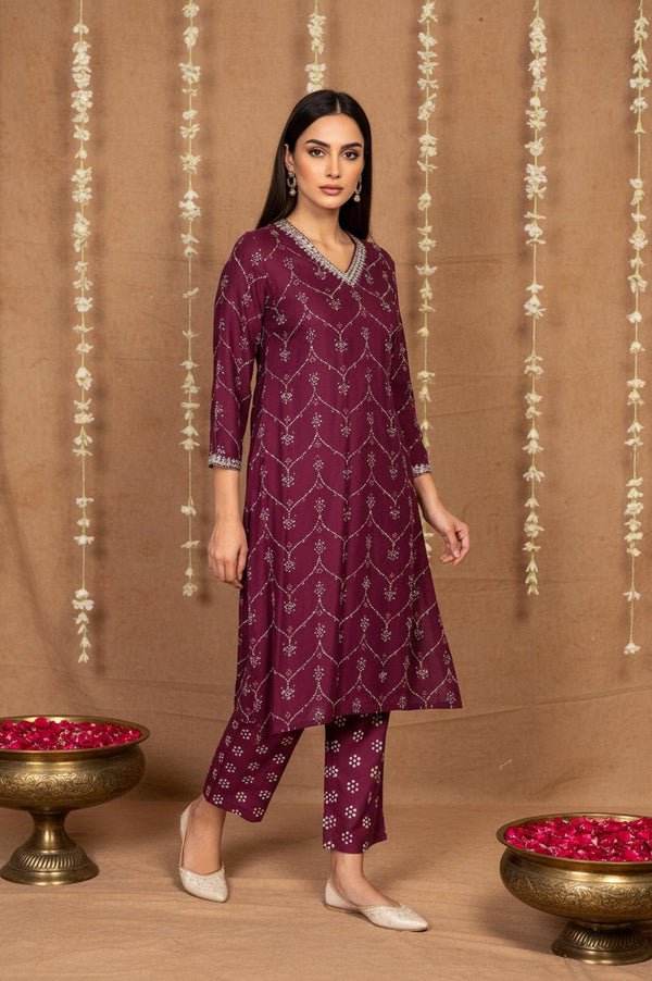 Purple Bandhani Printed Embroidered Straight Rayon Kurta and Straight Pant Co-ord Set