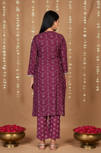 Purple Bandhani Printed Embroidered Straight Rayon Kurta and Straight Pant Co-ord Set