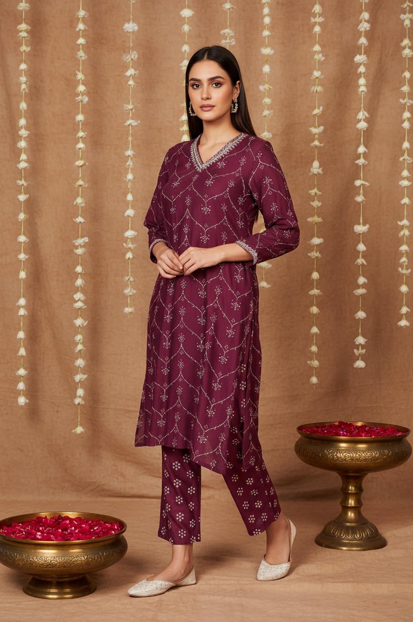 Purple Bandhani Printed Embroidered Straight Rayon Kurta and Straight Pant Co-ord Set