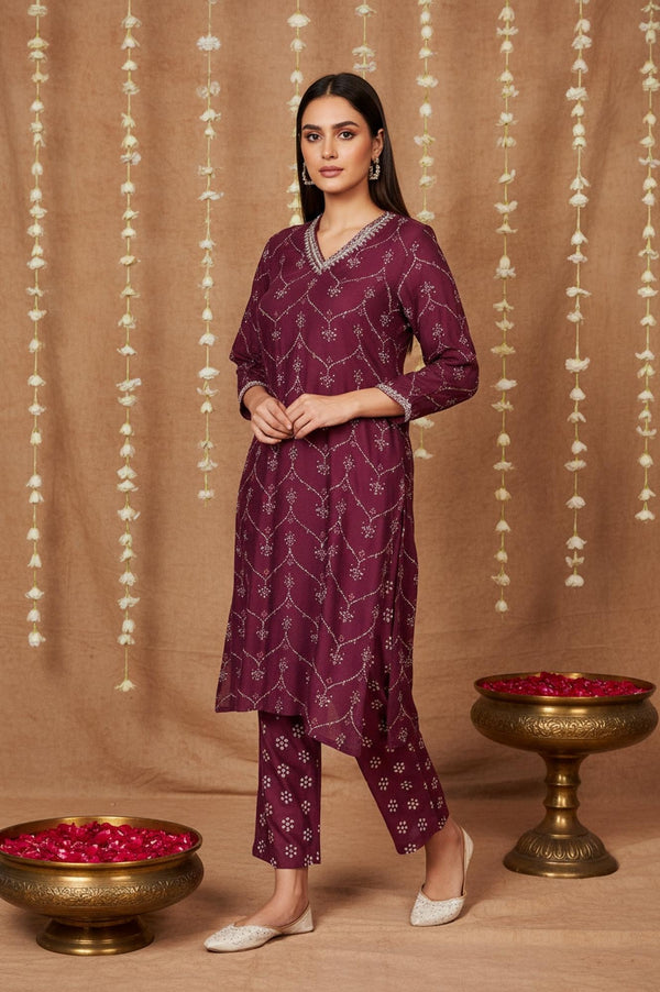 Purple Bandhani Printed Embroidered Straight Rayon Kurta and Straight Pant Co-ord Set