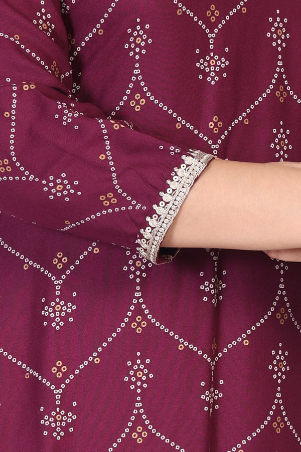 Purple Bandhani Printed Embroidered Straight Rayon Kurta and Straight Pant Co-ord Set