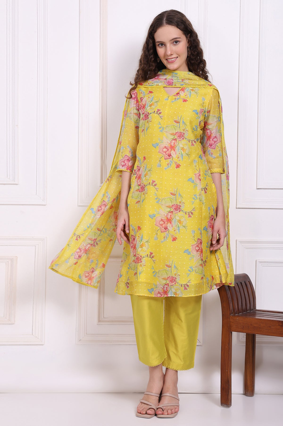 Yellow Floral Printed Chanderi Straight Kurta, Pants and Dupatta Set - S
