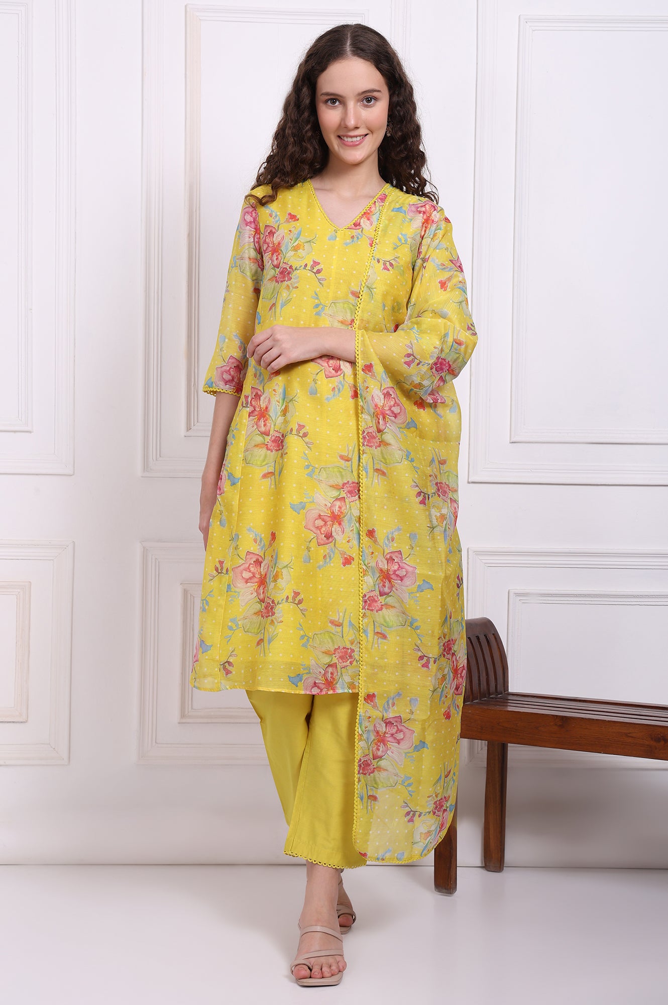 Yellow Floral Printed Chanderi Straight Kurta, Pants and Dupatta Set