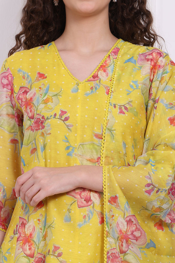 Yellow Floral Printed Chanderi Straight Kurta, Pants and Dupatta Set