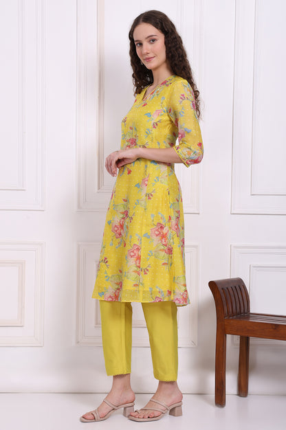 Yellow Floral Printed Chanderi Straight Kurta, Pants and Dupatta Set