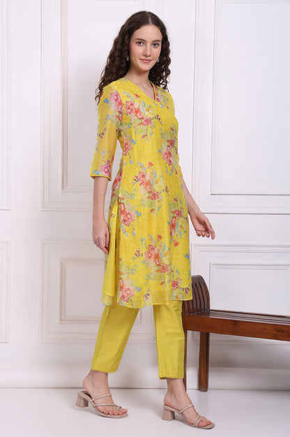 Yellow Floral Printed Chanderi Straight Kurta, Pants and Dupatta Set