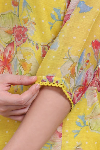 Yellow Floral Printed Chanderi Straight Kurta, Pants and Dupatta Set