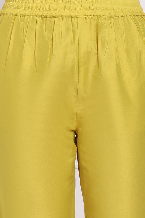 Yellow Floral Printed Chanderi Straight Kurta, Pants and Dupatta Set