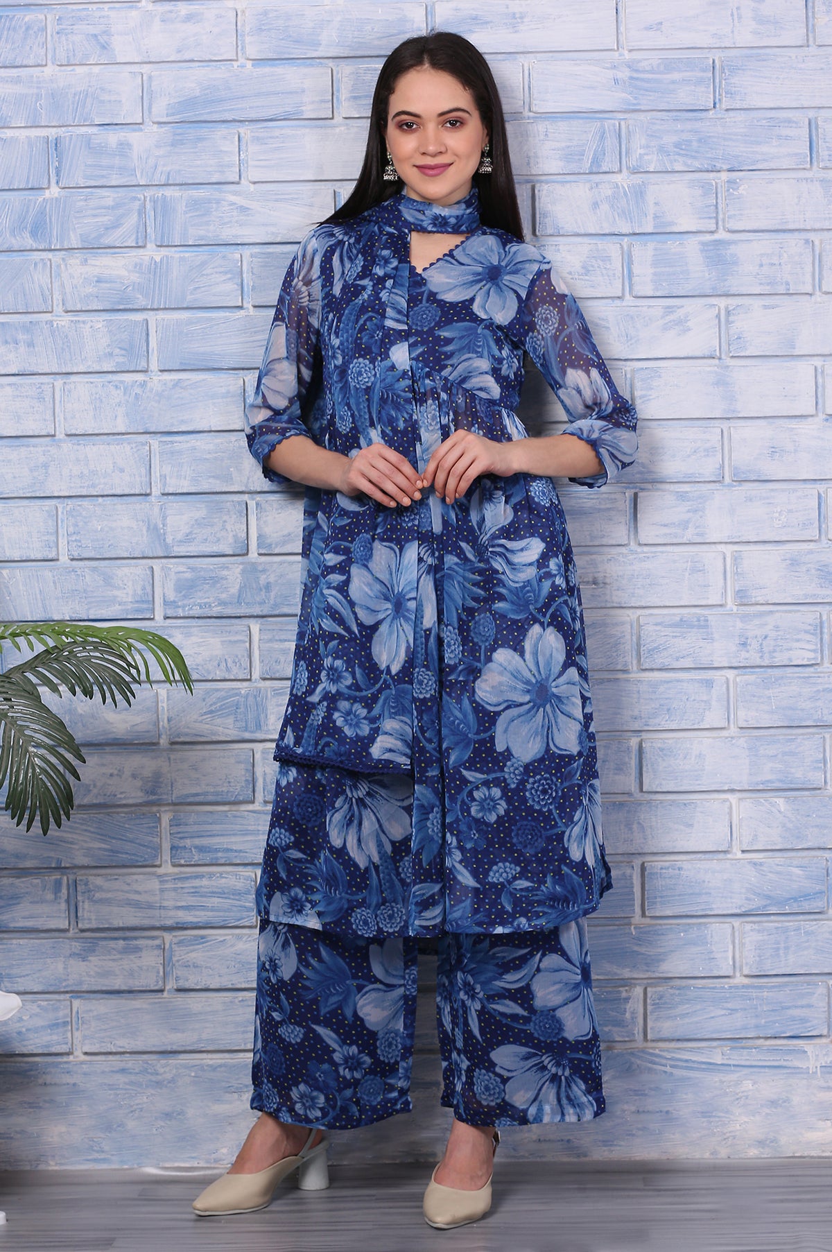 Blue Floral Printed Lace Chiffon Straight Kurta, Parallel Pants and Dupatta Set - XS