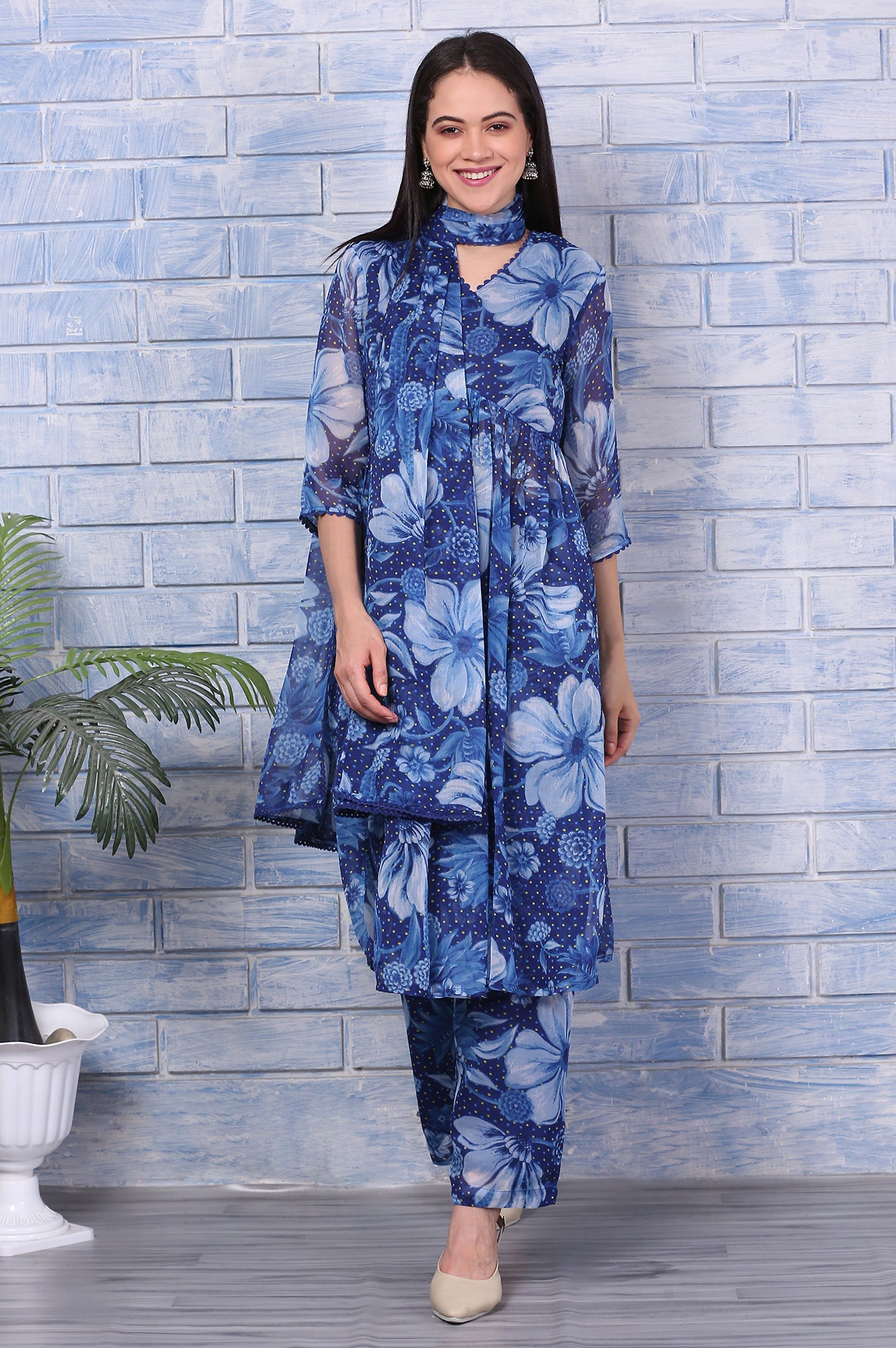 Blue Floral Printed Lace Chiffon Straight Kurta, Parallel Pants and Dupatta Set