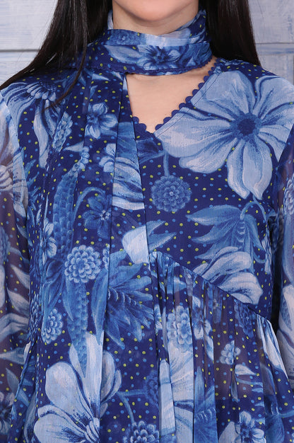 Blue Floral Printed Lace Chiffon Straight Kurta, Parallel Pants and Dupatta Set