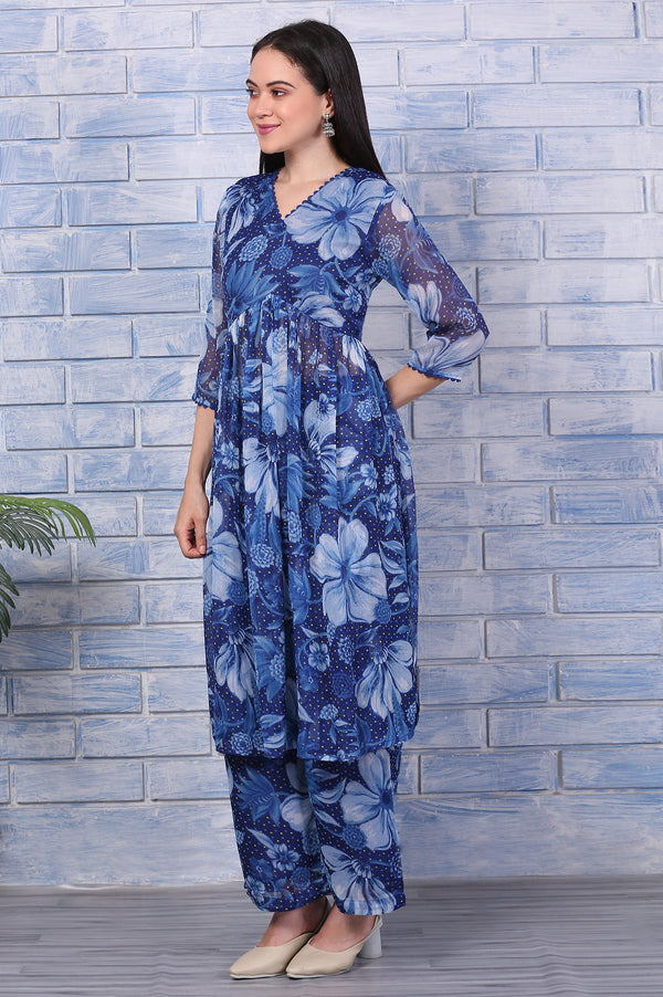 Blue Floral Printed Lace Chiffon Straight Kurta, Parallel Pants and Dupatta Set