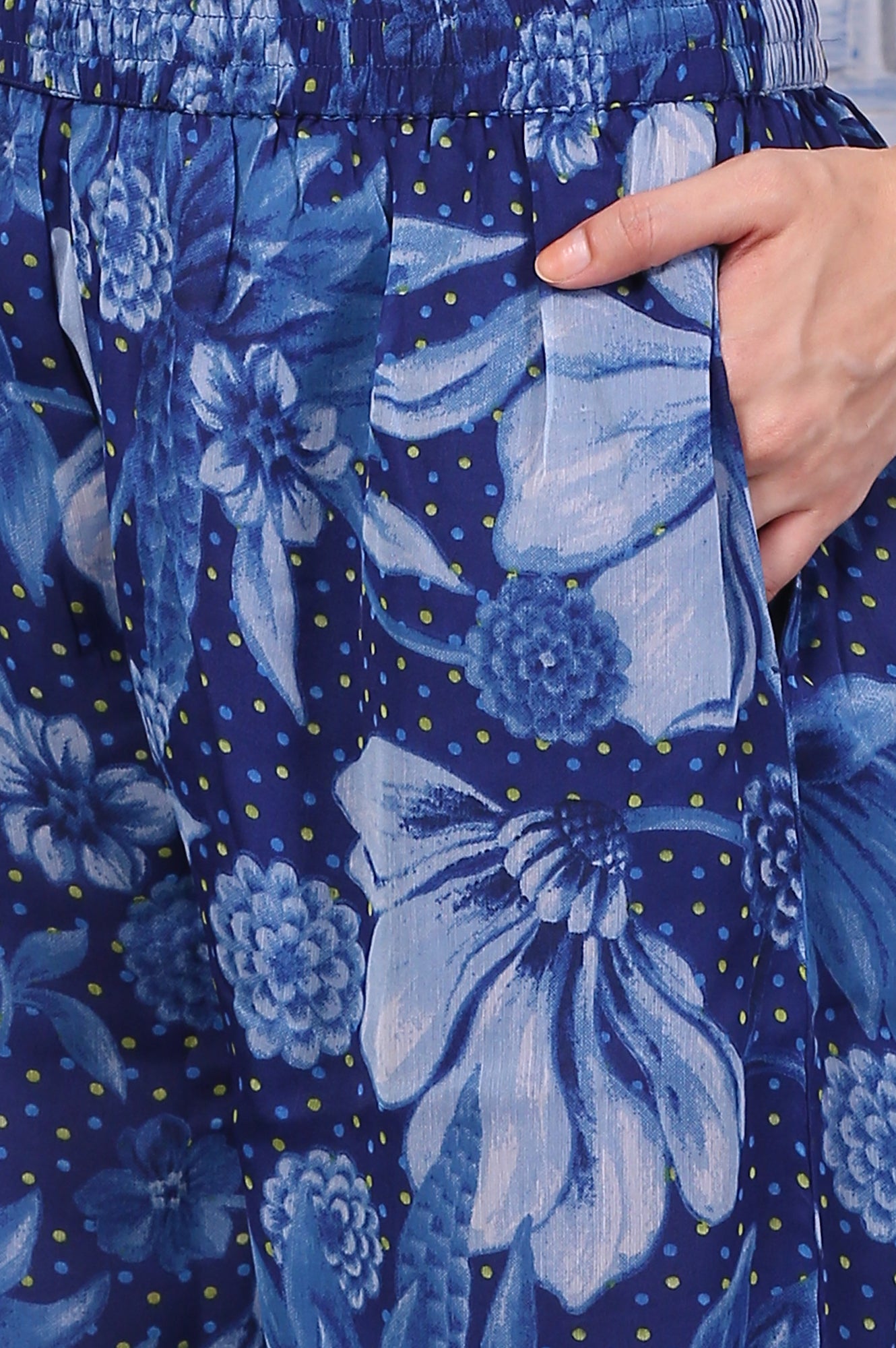 Blue Floral Printed Lace Chiffon Straight Kurta, Parallel Pants and Dupatta Set