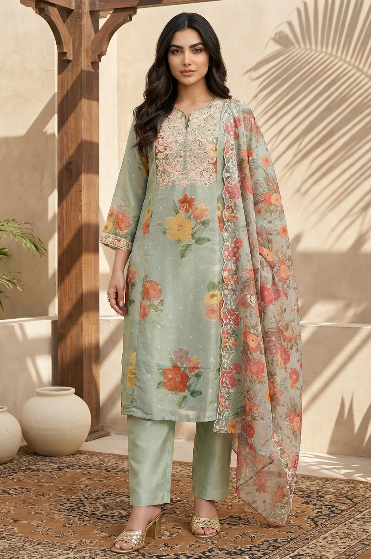 Green Floral Embroidered Straight Kurta with Pants and Dupatta Set - S
