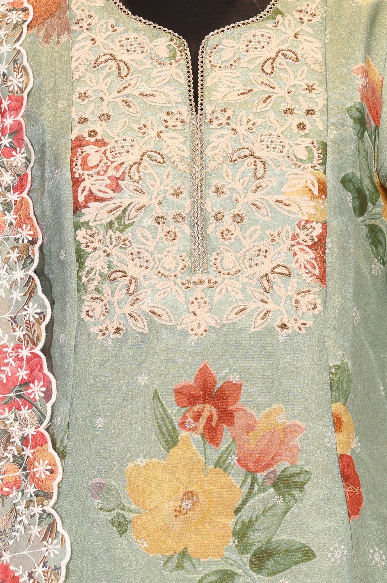 Green Floral Embroidered Straight Kurta with Pants and Dupatta Set