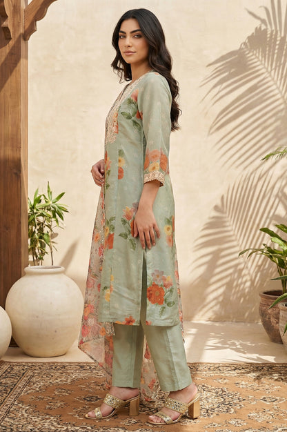 Green Floral Embroidered Straight Kurta with Pants and Dupatta Set