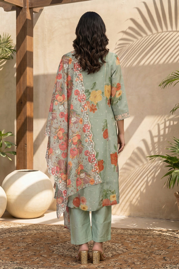 Green Floral Embroidered Straight Kurta with Pants and Dupatta Set