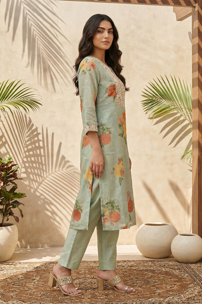 Green Floral Embroidered Straight Kurta with Pants and Dupatta Set