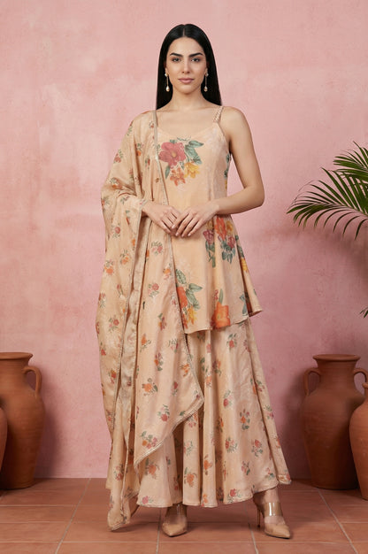 Beige Floral Printed Flared Kurta with Cullotes and Dupatta Set