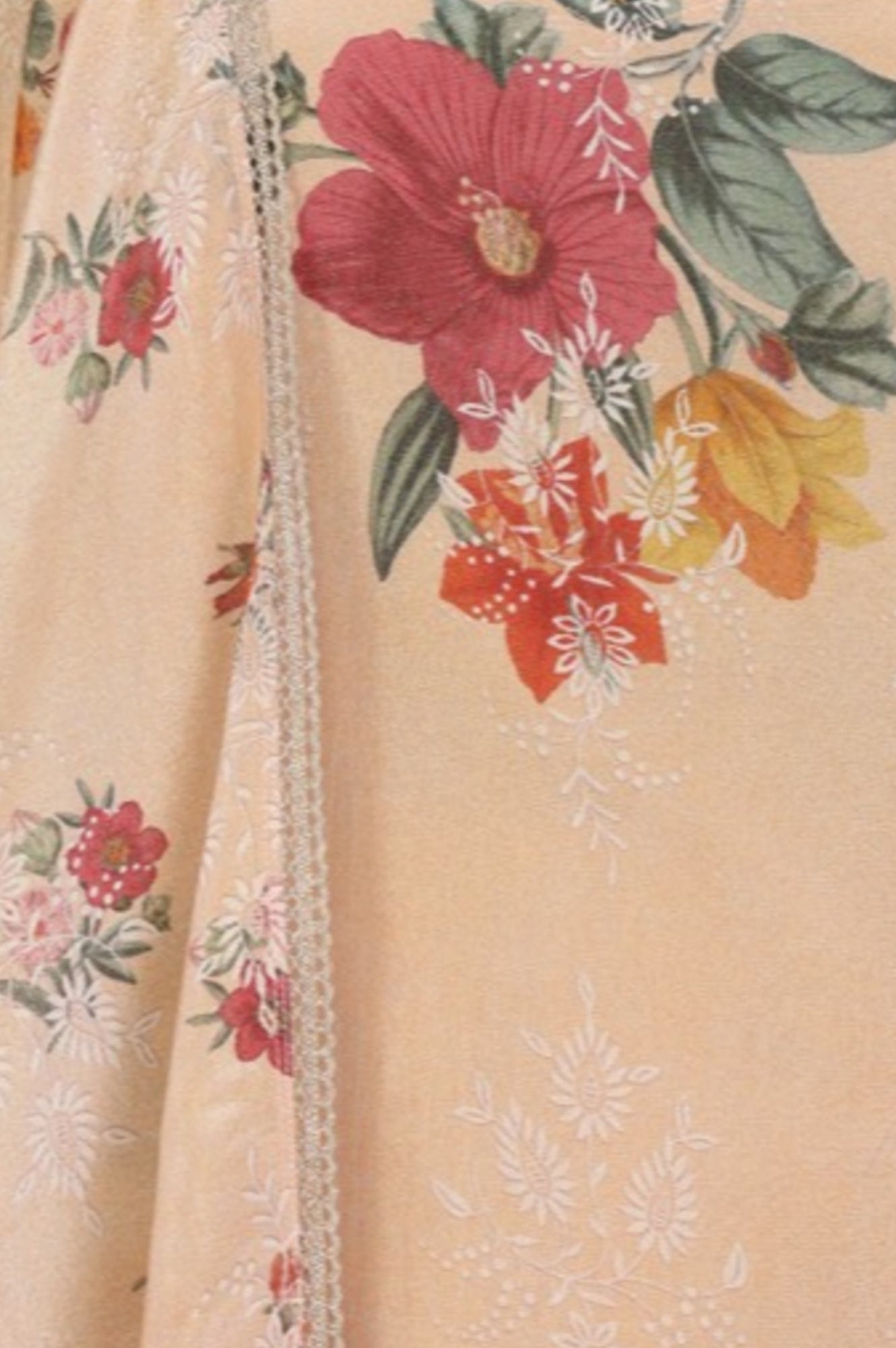 Beige Floral Printed Flared Kurta with Cullotes and Dupatta Set
