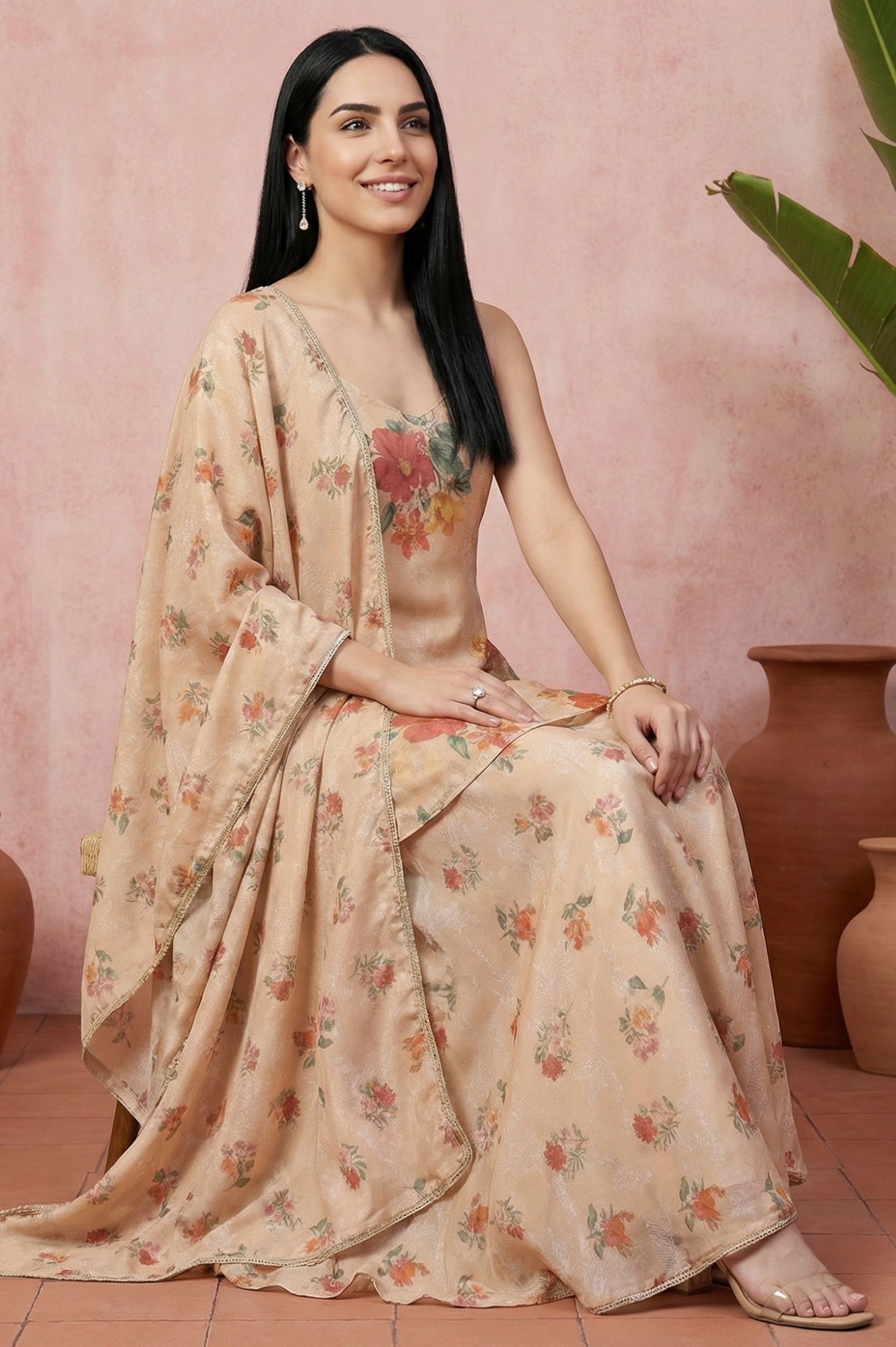 Beige Floral Printed Flared Kurta with Cullotes and Dupatta Set