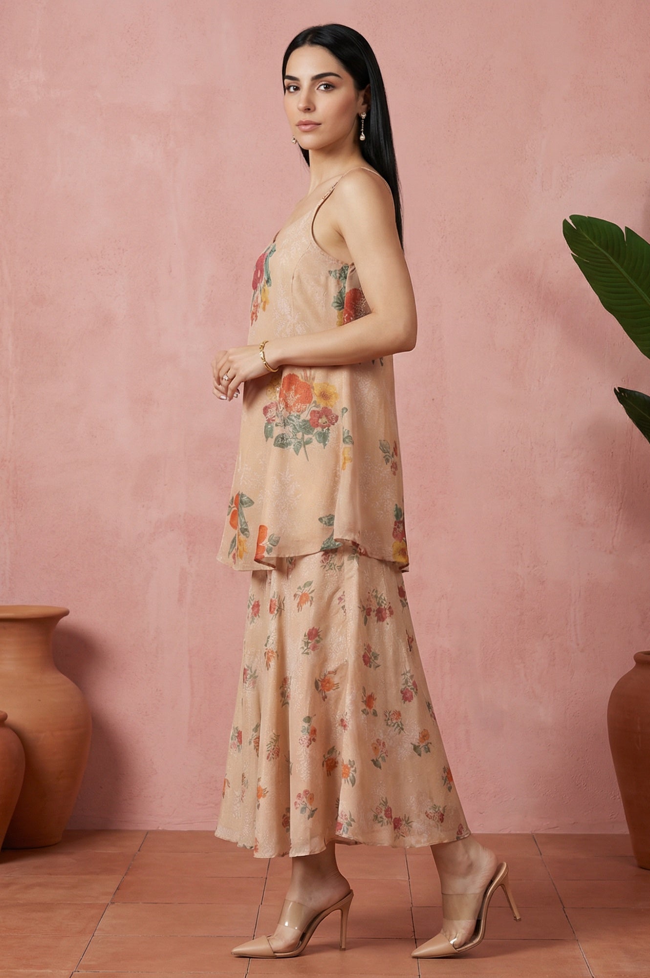 Beige Floral Printed Flared Kurta with Cullotes and Dupatta Set