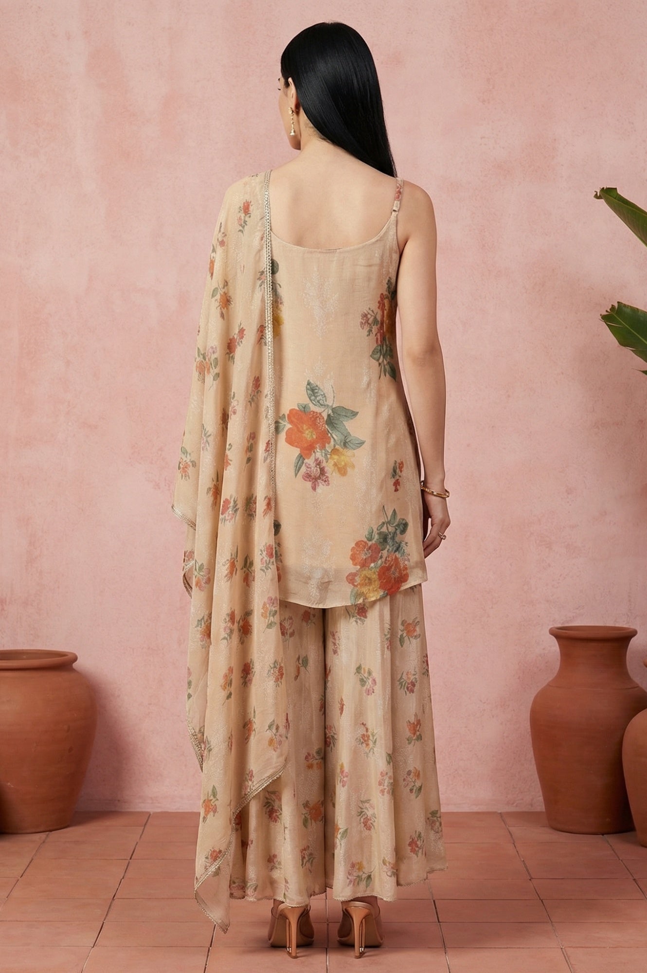 Beige Floral Printed Flared Kurta with Cullotes and Dupatta Set