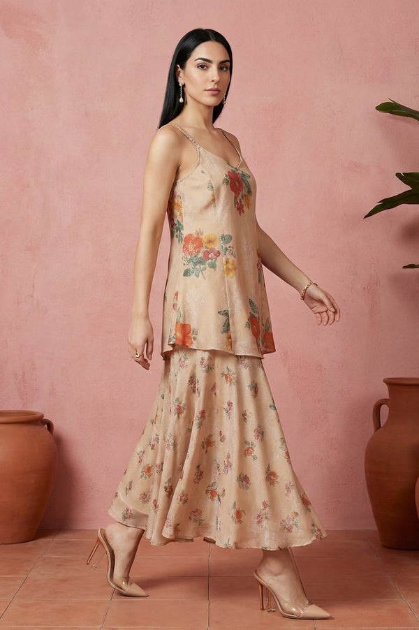 Beige Floral Printed Flared Kurta with Cullotes and Dupatta Set
