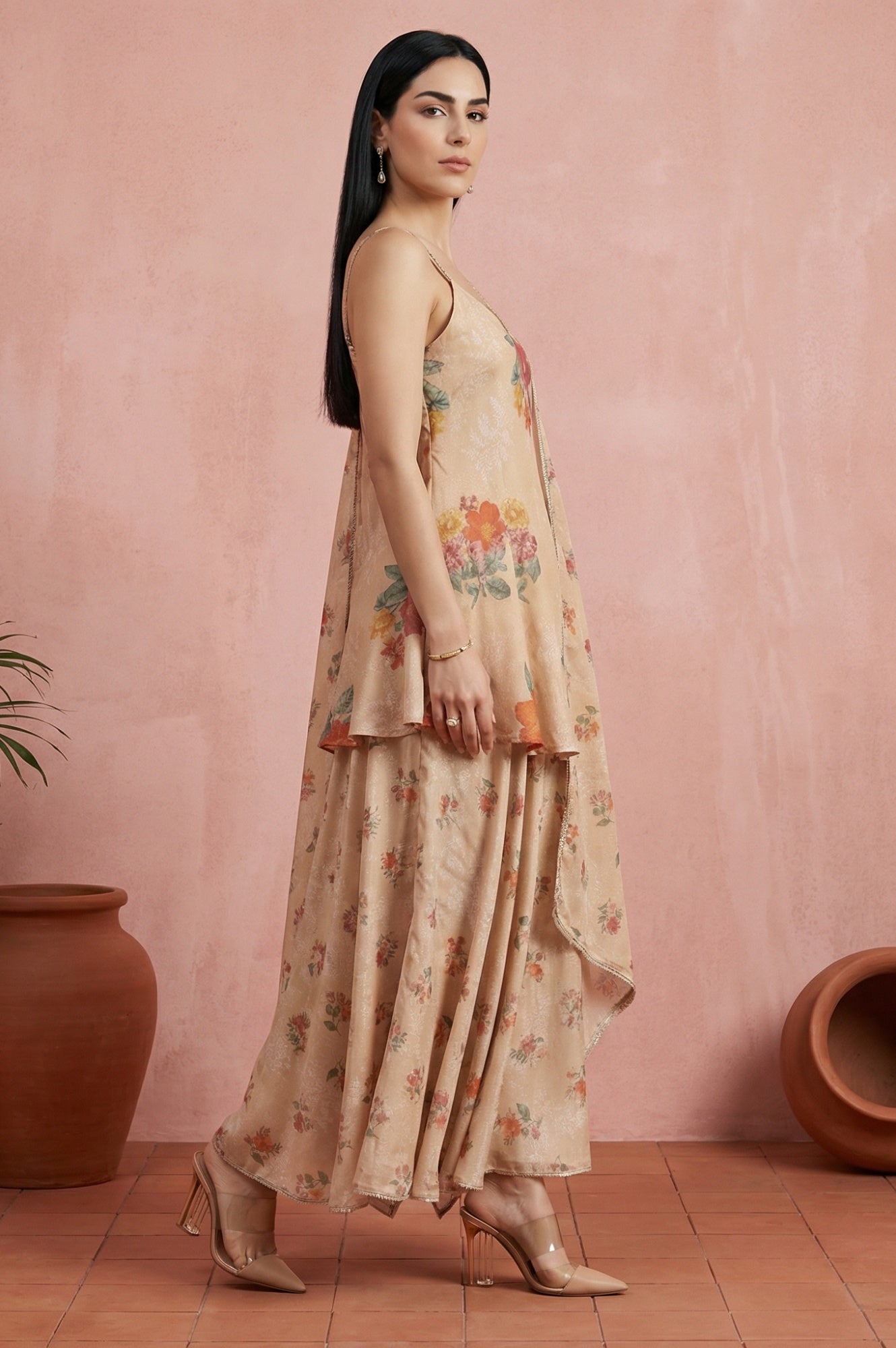 Beige Floral Printed Flared Kurta with Cullotes and Dupatta Set