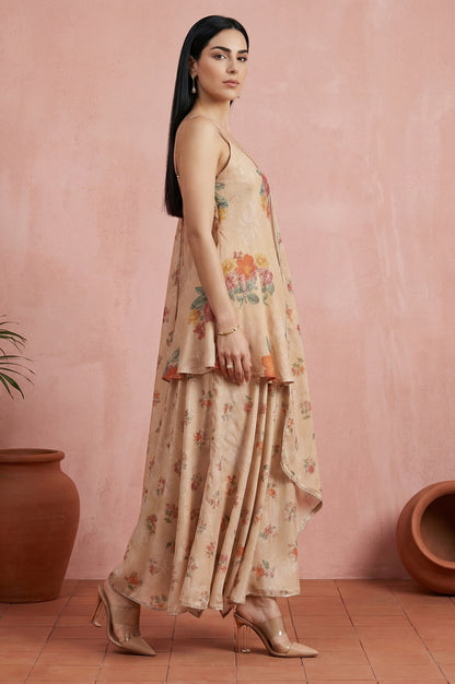 Beige Floral Printed Flared Kurta with Cullotes and Dupatta Set