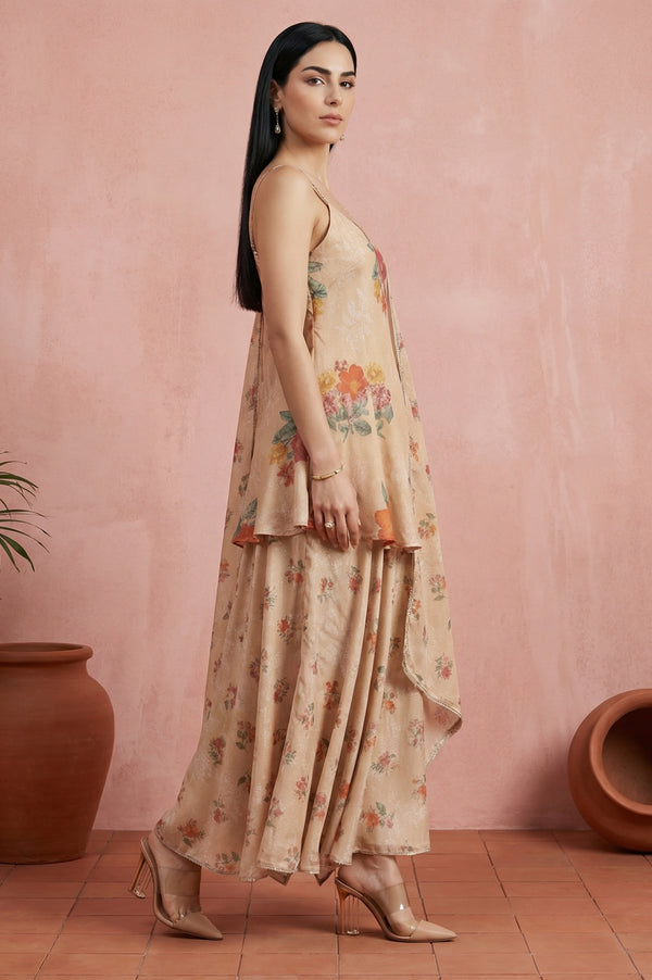 Beige Floral Printed Flared Kurta with Cullotes and Dupatta Set