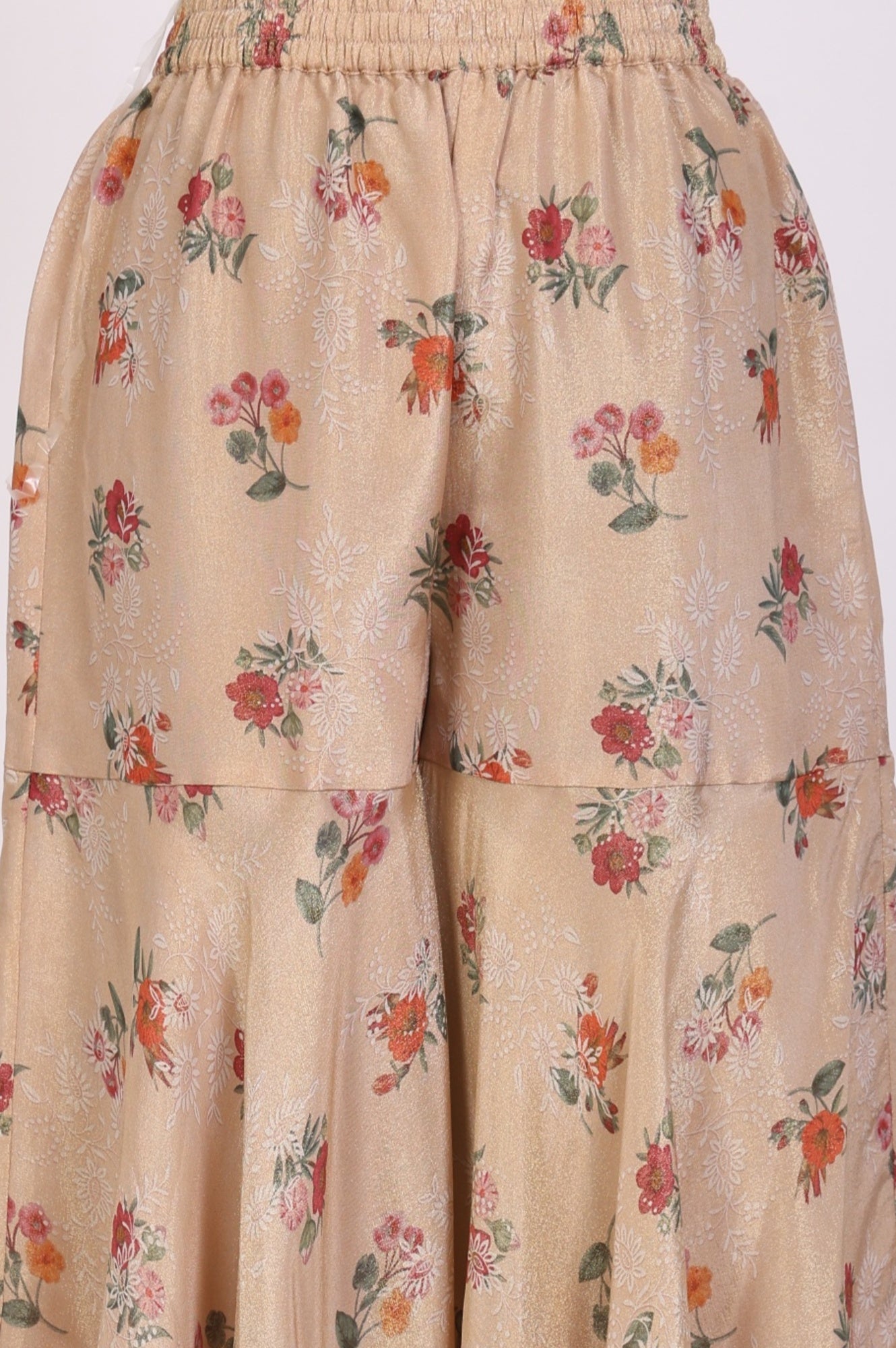 Beige Floral Printed Flared Kurta with Cullotes and Dupatta Set