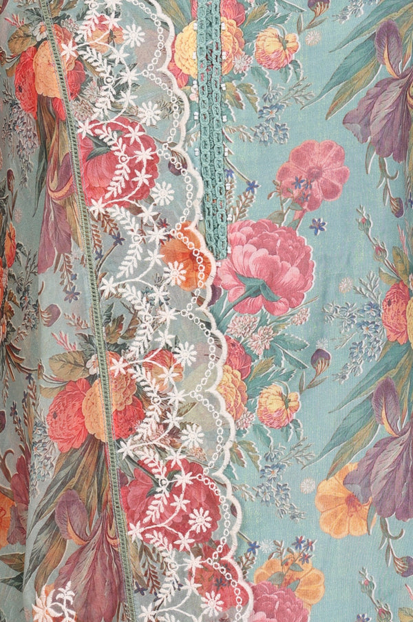 Sea Green Floral Printed Straight Kurta with Flared Pants and Dupatta Set