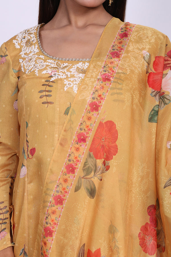 Yellow Floral Printed Anarkali Kurta with Straight Pant and Dupatta Set