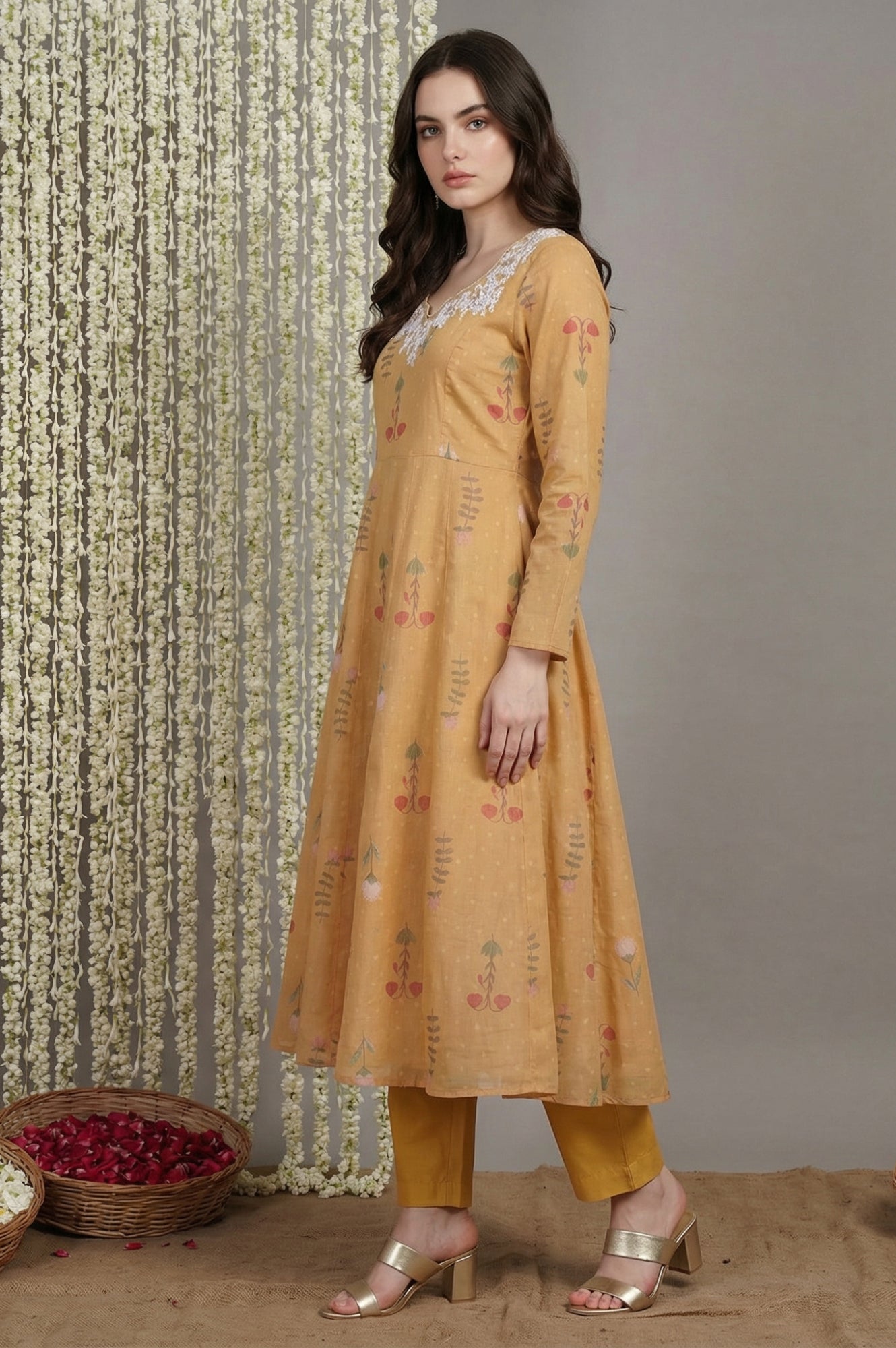 Yellow Floral Printed Anarkali Kurta with Straight Pant and Dupatta Set