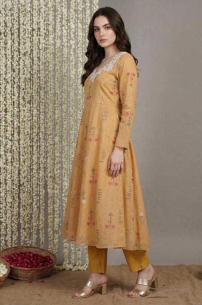 Yellow Floral Printed Anarkali Kurta with Straight Pant and Dupatta Set