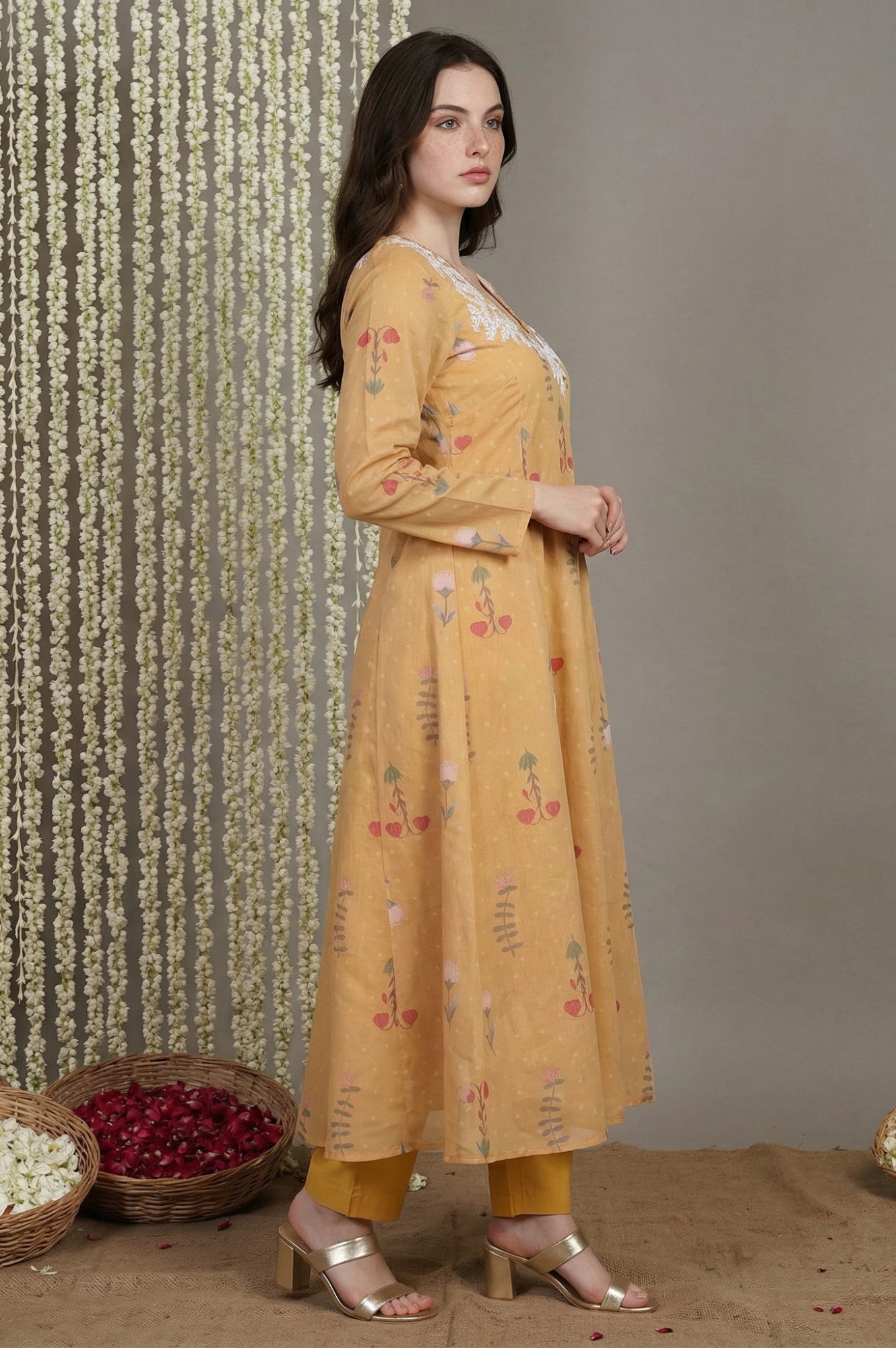Yellow Floral Printed Anarkali Kurta with Straight Pant and Dupatta Set