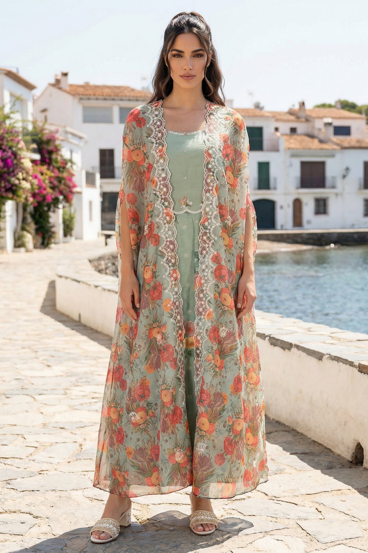 Sea Green Thread Embroidered Chanderi Flared Dress with Floral Printed Cape Set - XS