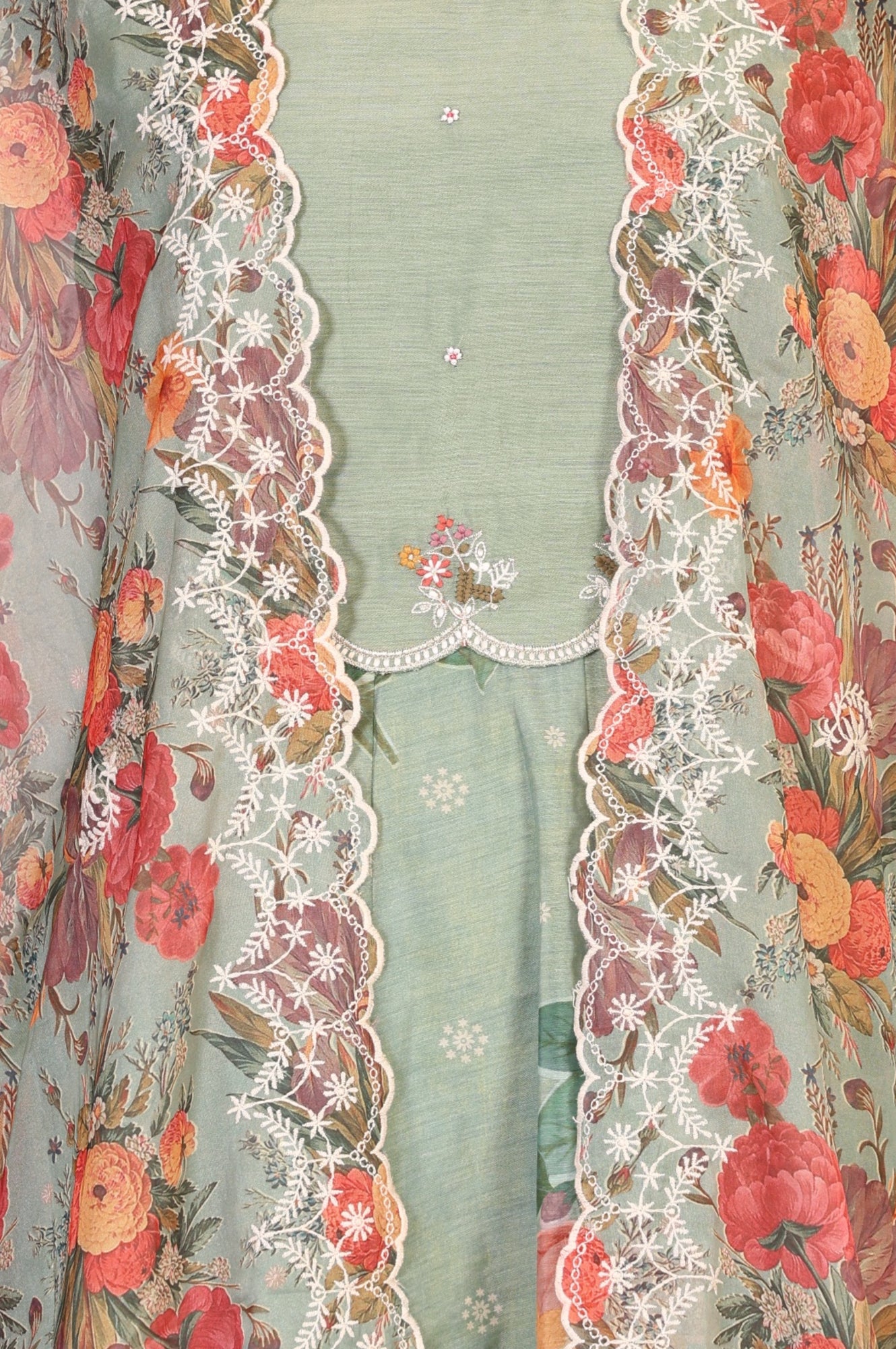 Sea Green Thread Embroidered Chanderi Flared Dress with Floral Printed Cape Set