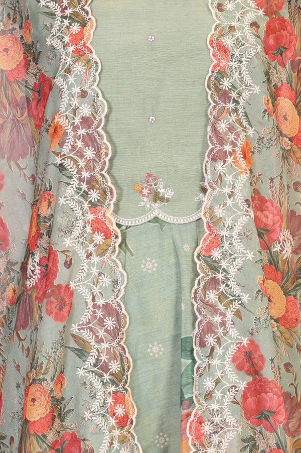 Sea Green Thread Embroidered Chanderi Flared Dress with Floral Printed Cape Set