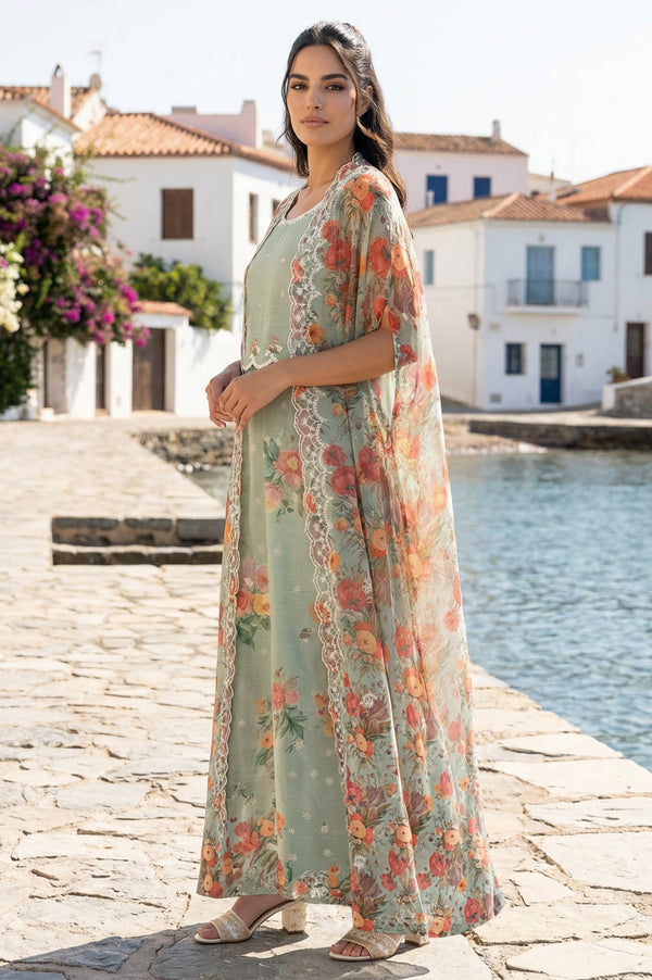 Sea Green Thread Embroidered Chanderi Flared Dress with Floral Printed Cape Set