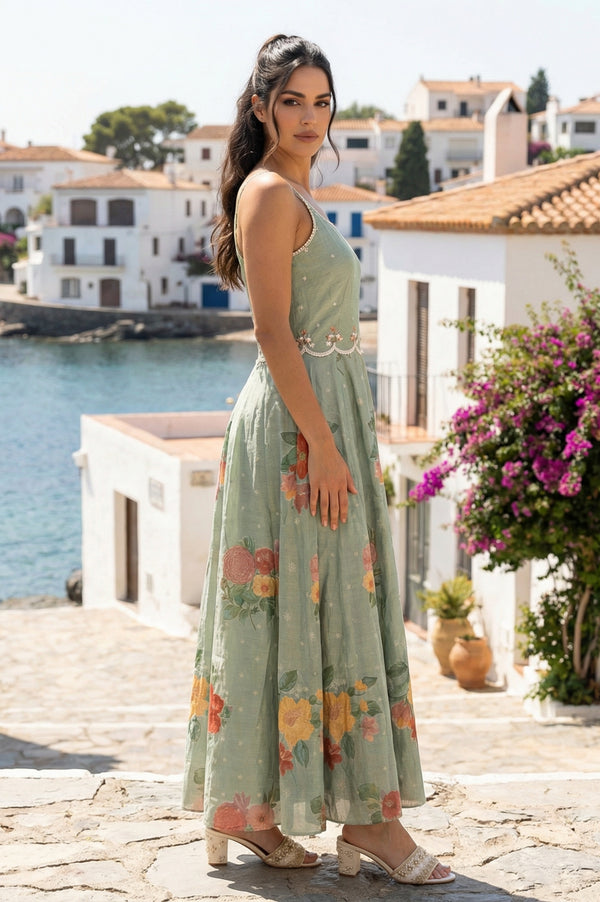 Sea Green Thread Embroidered Chanderi Flared Dress with Floral Printed Cape Set