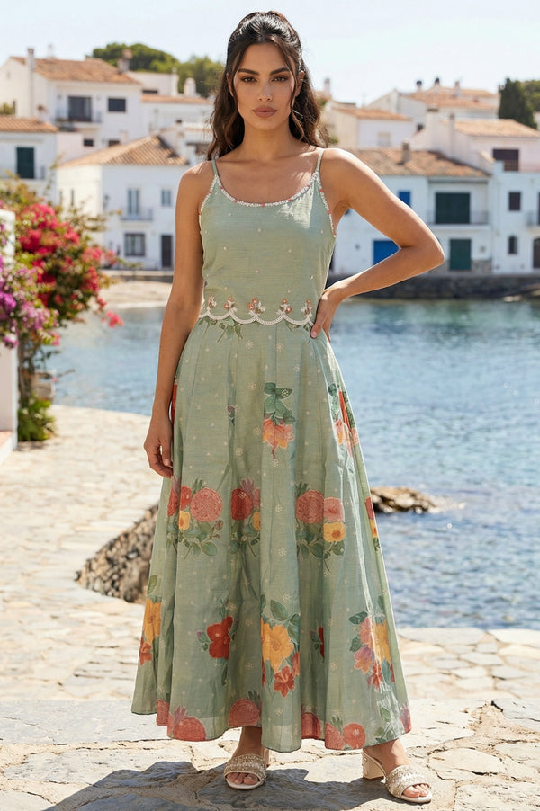 Sea Green Thread Embroidered Chanderi Flared Dress with Floral Printed Cape Set