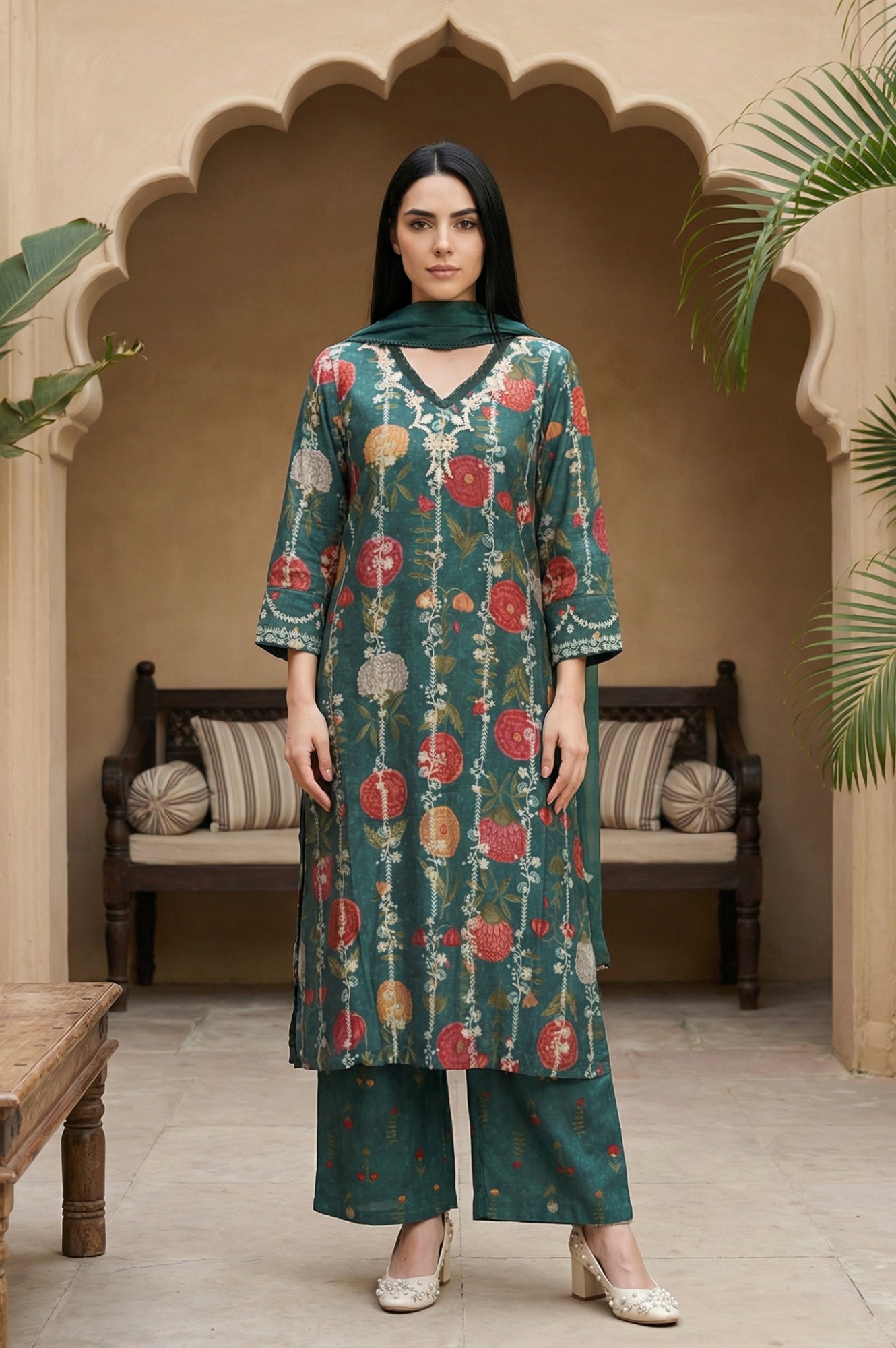 Green Floral Printed Straight Kurta with Flared Pants and Dupatta Set