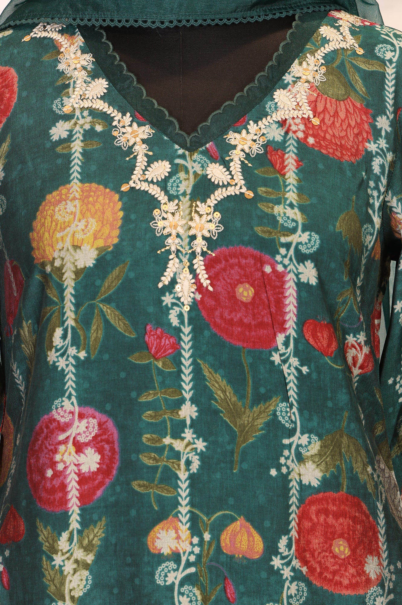 Green Floral Printed Straight Kurta with Flared Pants and Dupatta Set