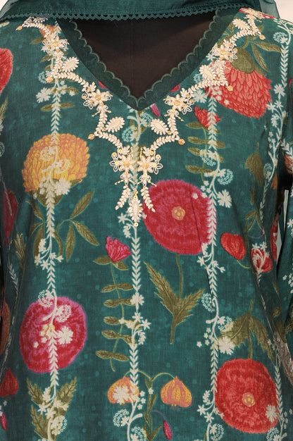 Green Floral Printed Straight Kurta with Flared Pants and Dupatta Set